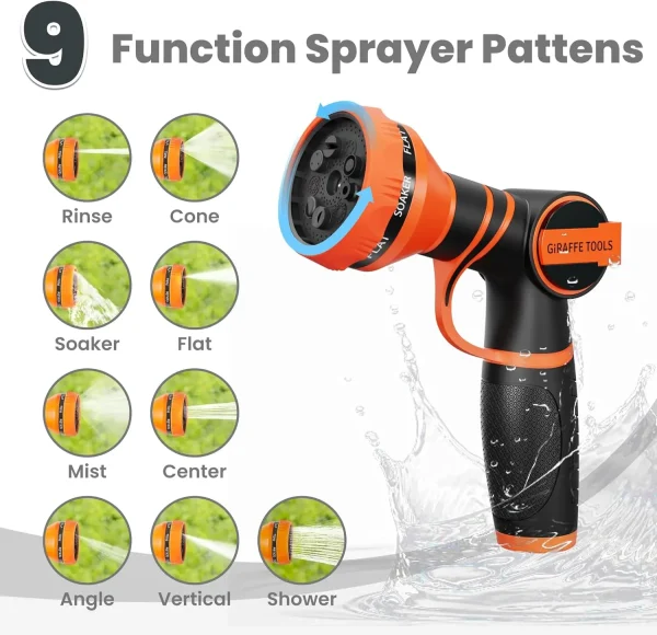 Giraffe Tools 5/8" Garden Hose | 304 Stainless Steel No-Kink Water Hose with 9-Pattern Spray Nozzle - Image 6