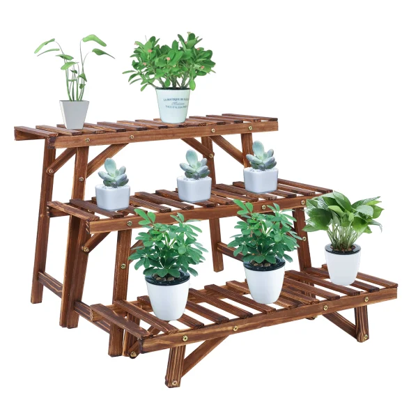 3-Tier Freestanding Ladder Shelf | Wooden Plant Stand for Indoor & Outdoor Planter Display - Image 3