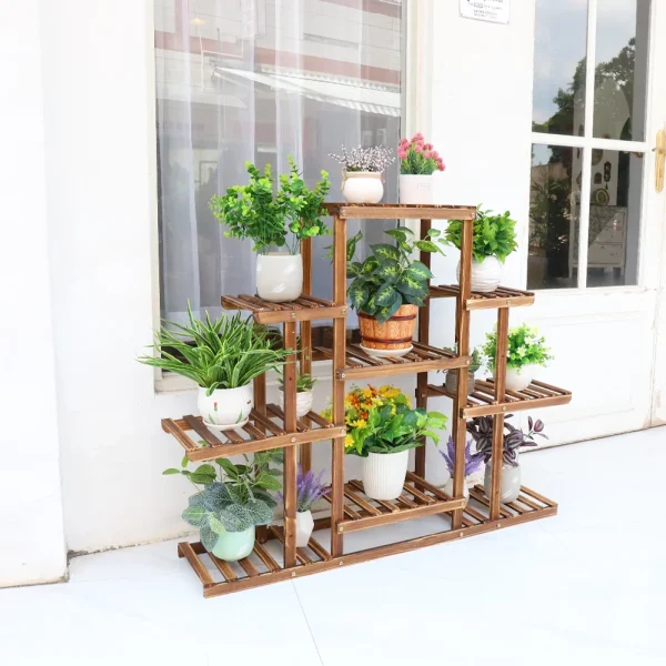 9-Tier Multi-Tiered Plant Stand | Carbonized Wood Flower Rack for Indoor Planter Display - Image 2