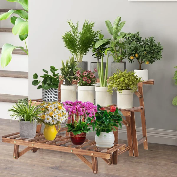 3-Tier Freestanding Ladder Shelf | Wooden Plant Stand for Indoor & Outdoor Planter Display - Image 2