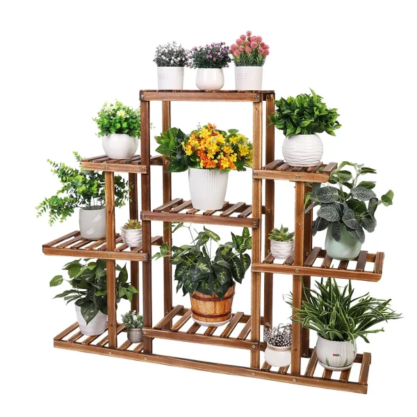 9-Tier Multi-Tiered Plant Stand | Carbonized Wood Flower Rack for Indoor Planter Display - Image 3