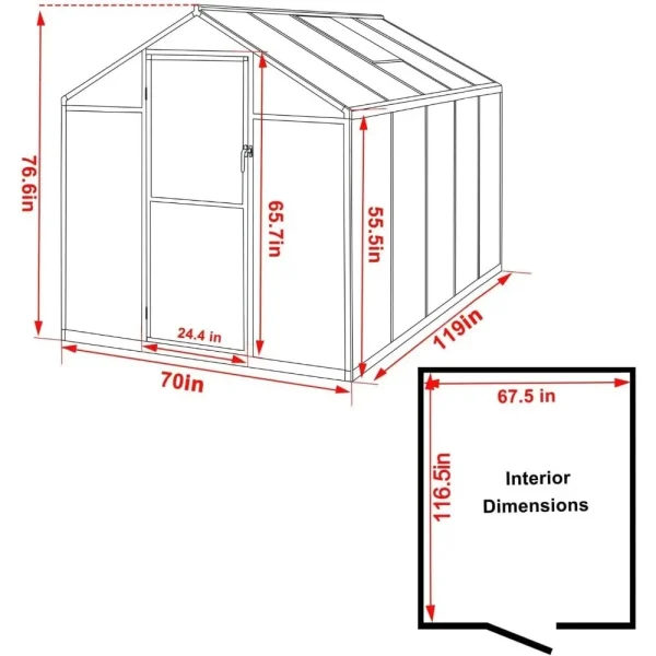 8x14 Foot Polycarbonate Walk-In Greenhouse Kit | Aluminum Frame with Lockable Door & Adjustable Roof Vent for Outdoor Gardening - Image 5