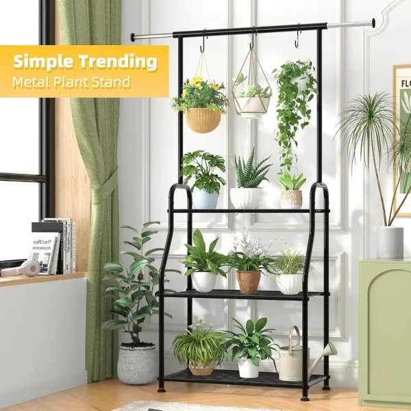 Plant Stand Indoor Outdoor, Heavy Duty Metal 3 Tiered Hanging Plant Shelf for Multiple Flower Planter Holder Tall Large Rack - Image 4