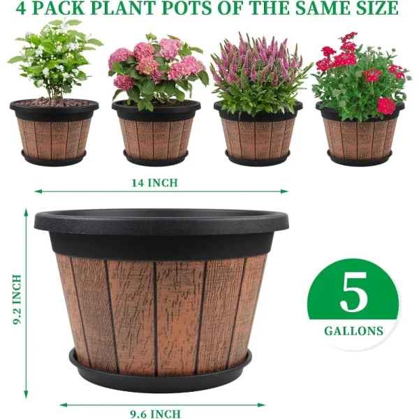 4 Pack 14-Inch Whiskey Barrel Planters | Decorative Plastic Flower Pots with Drainage Holes & Saucers, Retro Design - Image 3