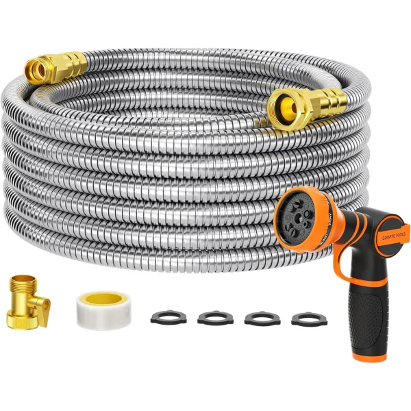 Giraffe Tools 5/8" Garden Hose | 304 Stainless Steel No-Kink Water Hose with 9-Pattern Spray Nozzle - Image 7