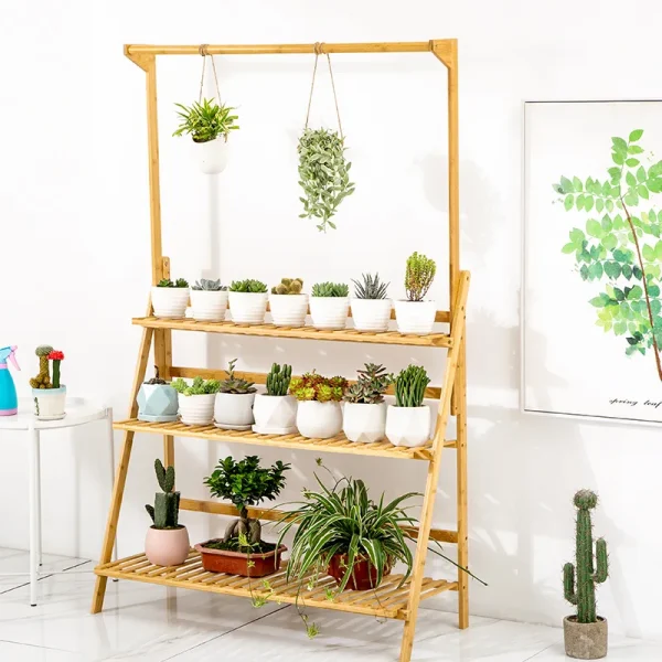 3-Tier Folding Bamboo Plant Stand | Hanging Pot Rack for Indoor & Outdoor Use - Image 2