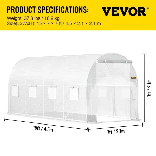 VEVOR Walk-In Tunnel Greenhouse | Galvanized Frame & Waterproof Cover – Multiple Sizes (15x7x7, 10x7x7, 20x10x7, 12x7x7) - Image 11