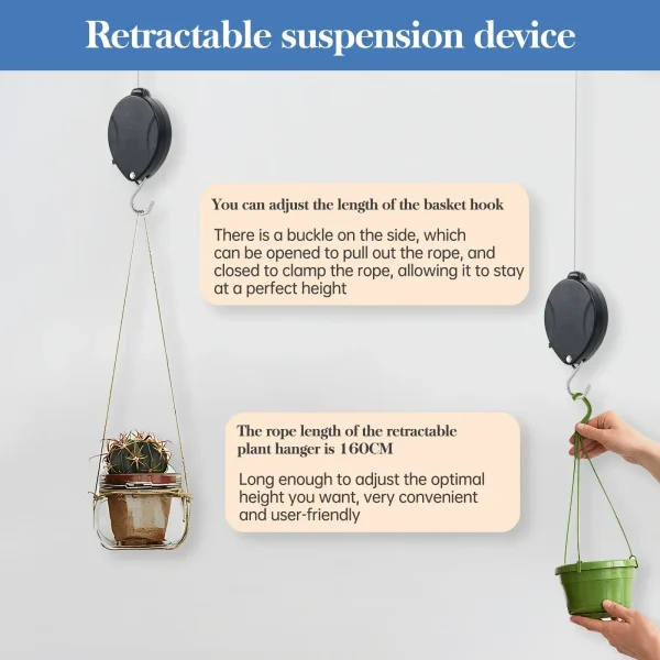 Retractable Plant Hanger | Adjustable Pulley Hook for Hanging Plants, Baskets & Pots - Image 3