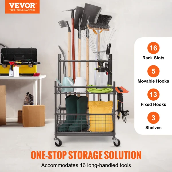 VEVOR Garden Tool Organizer, 10/16 Slots with Hooks, Yard Tool Tower Rack with Wheels for Garage Organization and Storage - Image 2