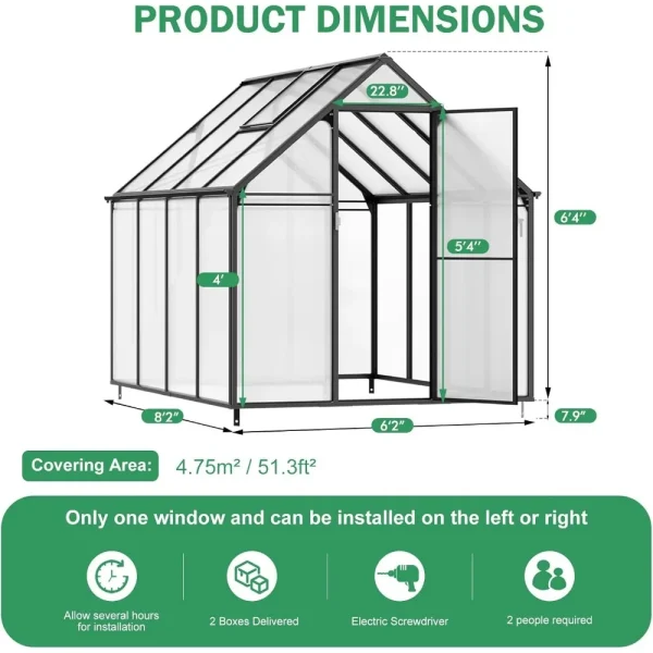 8.2x6.2 FT Aluminum Polycarbonate Greenhouse | Heavy-Duty Outdoor Greenhouse with Vent Window - Image 6