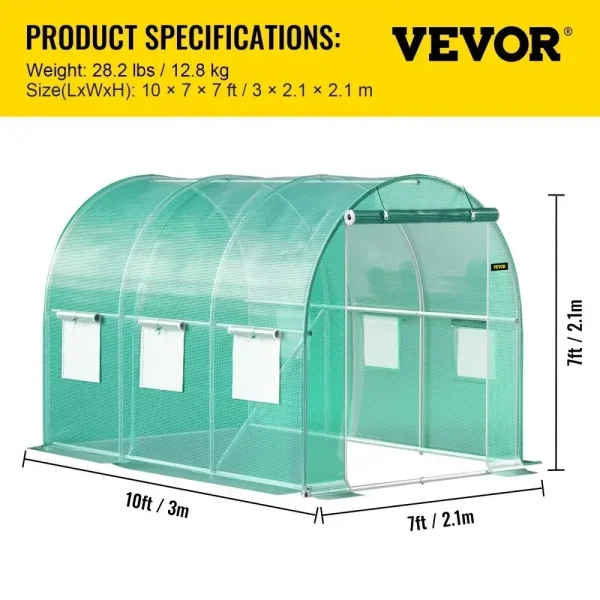 VEVOR Walk-In Tunnel Greenhouse | Galvanized Frame & Waterproof Cover – Multiple Sizes (15x7x7, 10x7x7, 20x10x7, 12x7x7) - Image 8