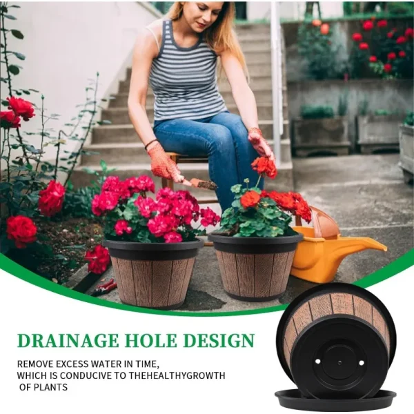 4 Pack 14-Inch Whiskey Barrel Planters | Decorative Plastic Flower Pots with Drainage Holes & Saucers, Retro Design - Image 2