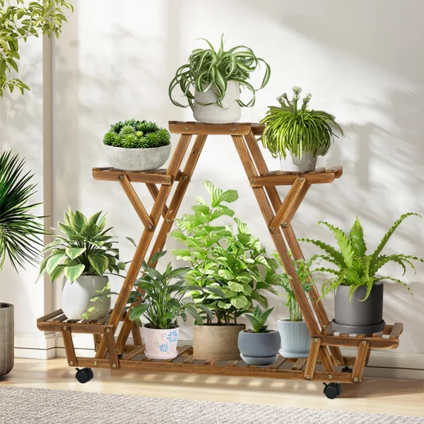 6-Tier Movable Wood Plant Stand | Triangular Shelving Rack for Indoor & Outdoor Flower Pot Storage - Image 3