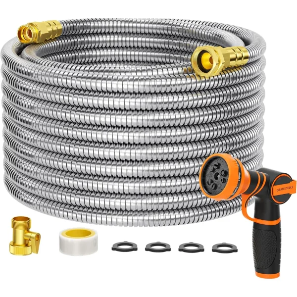 Giraffe Tools 5/8" Garden Hose | 304 Stainless Steel No-Kink Water Hose with 9-Pattern Spray Nozzle - Image 9