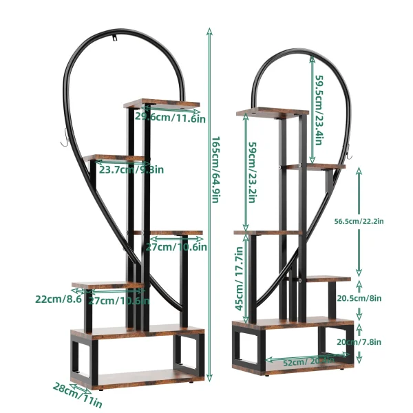 2X Half Heart Shaped Plant Stands | Multiple Planter Rack with Hooks for 20 Pots - Image 5