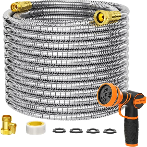 Giraffe Tools 5/8" Garden Hose | 304 Stainless Steel No-Kink Water Hose with 9-Pattern Spray Nozzle - Image 8