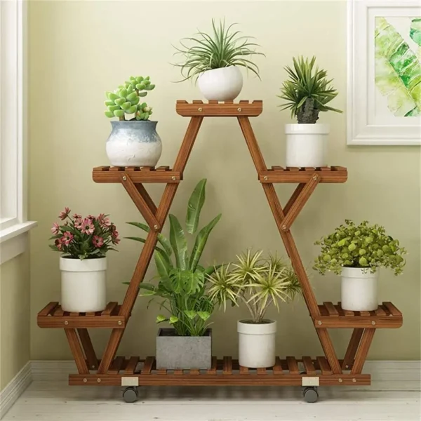 6-Tier Movable Wood Plant Stand | Triangular Shelving Rack for Indoor & Outdoor Flower Pot Storage - Image 2