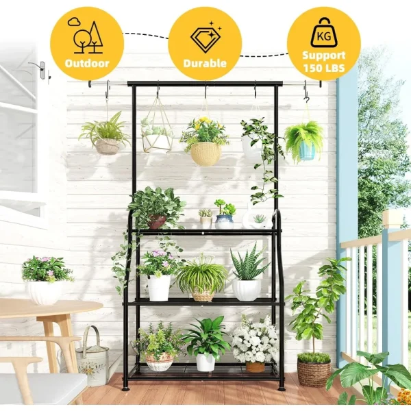 Plant Stand Indoor Outdoor, Heavy Duty Metal 3 Tiered Hanging Plant Shelf for Multiple Flower Planter Holder Tall Large Rack - Image 3