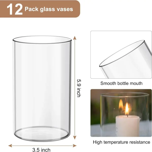 12 Glass Cylinder Vases | 6-Inch Tall Centerpiece Vases for Weddings, Flowers & Plants - Image 2