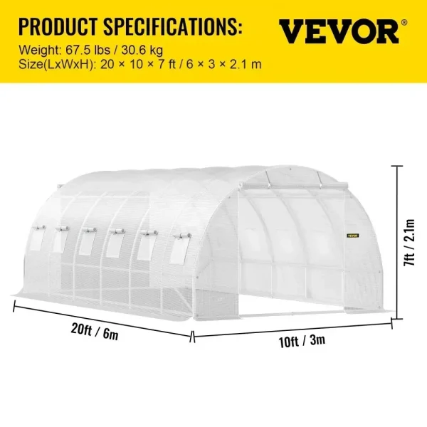 VEVOR Walk-In Tunnel Greenhouse | Galvanized Frame & Waterproof Cover – Multiple Sizes (15x7x7, 10x7x7, 20x10x7, 12x7x7) - Image 10