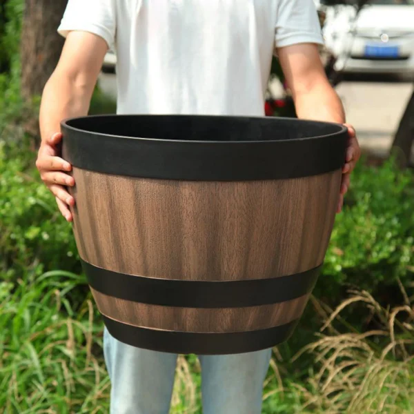 Faux Whiskey Barrel Plant Pot | Plastic Planter for Indoor & Outdoor Use - Image 3