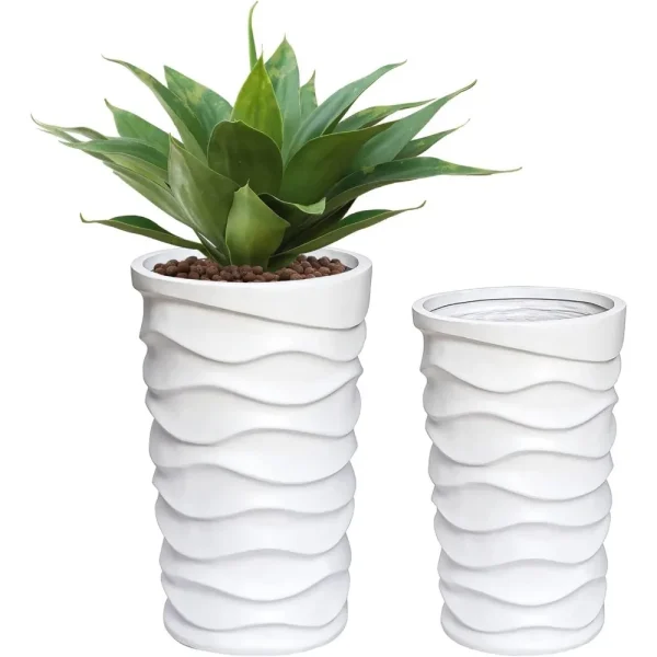 Set of 2 Outdoor Planters | Large MgO Garden Pots for Indoor & Outdoor Plants, Stylish White Flower Pots - Image 2