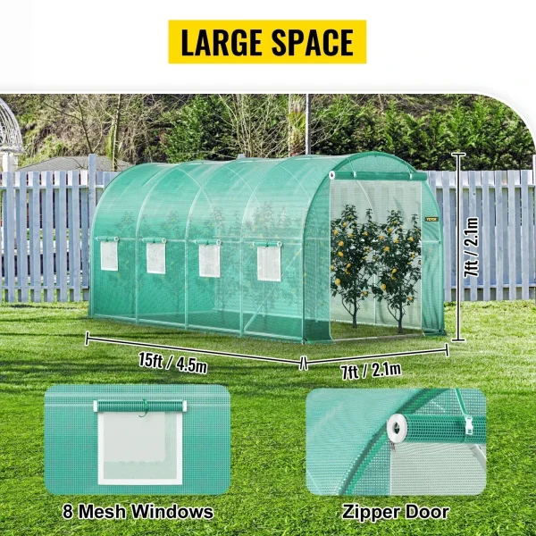 VEVOR Walk-In Tunnel Greenhouse | Galvanized Frame & Waterproof Cover – Multiple Sizes (15x7x7, 10x7x7, 20x10x7, 12x7x7) - Image 3