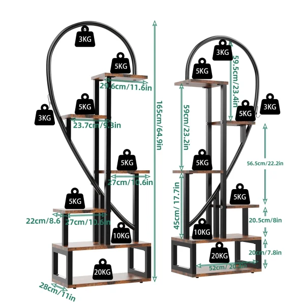 2X Half Heart Shaped Plant Stands | Multiple Planter Rack with Hooks for 20 Pots - Image 4