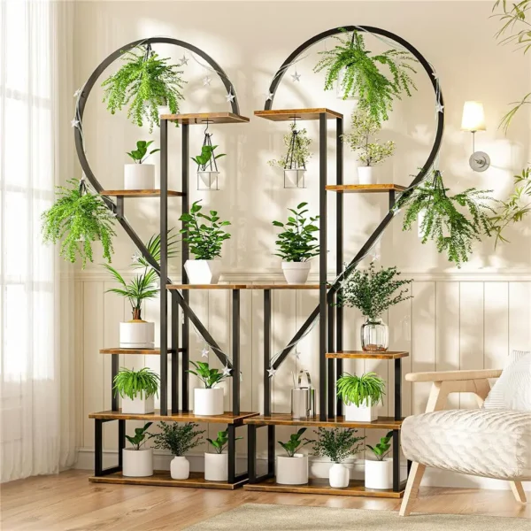 2X Half Heart Shaped Plant Stands | Multiple Planter Rack with Hooks for 20 Pots - Image 2