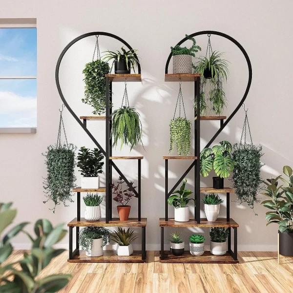 2X Half Heart Shaped Plant Stands | Multiple Planter Rack with Hooks for 20 Pots - Image 3