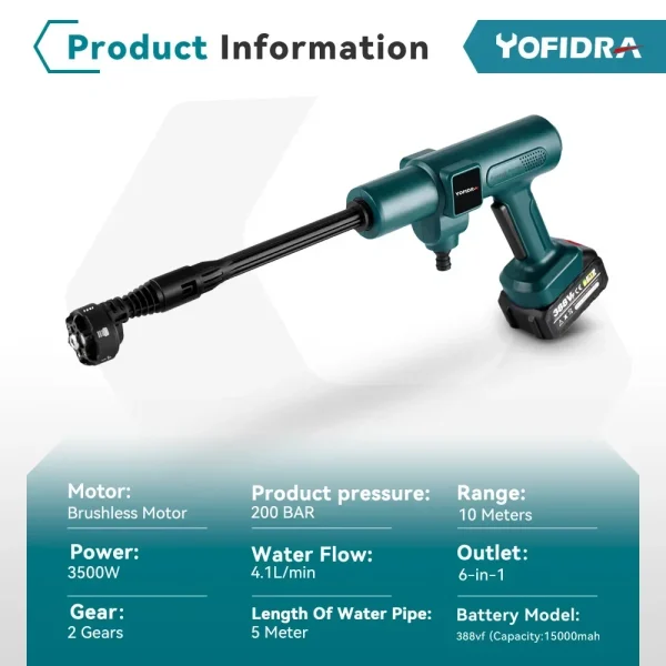 Yofidra 200Bar Brushless High-Pressure Washer Gun – 6-in-1 Rechargeable Cleaning & Irrigation Spray Gun - Image 2