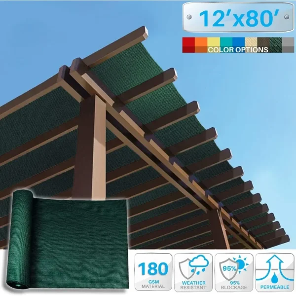 12' x 80' Green Shade Cloth Fabric Roll – 95% UV Protection Sunblock Mesh for Pergolas, Patios & Outdoor Covers - Image 2