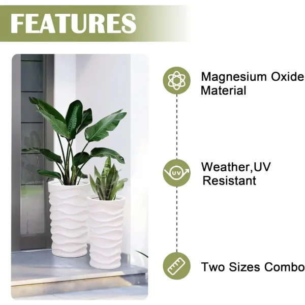 Set of 2 Outdoor Planters | Large MgO Garden Pots for Indoor & Outdoor Plants, Stylish White Flower Pots - Image 4