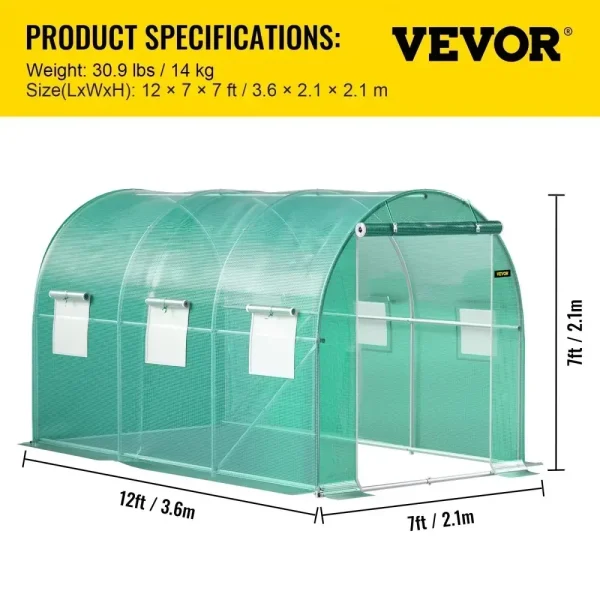 VEVOR Walk-In Tunnel Greenhouse | Galvanized Frame & Waterproof Cover – Multiple Sizes (15x7x7, 10x7x7, 20x10x7, 12x7x7) - Image 9