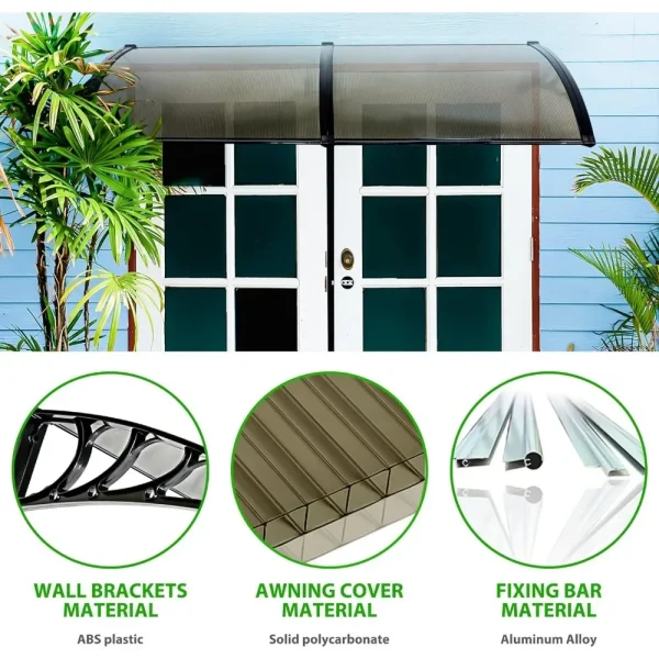 40" x 80" Polycarbonate Window Awning Door Canopy – Outdoor Sun Shelter for Front Door, Patio & Windows (Brown, 1pc) - Image 3