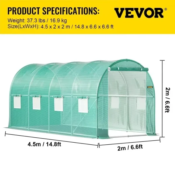 VEVOR Walk-In Tunnel Greenhouse | Galvanized Frame & Waterproof Cover – Multiple Sizes (15x7x7, 10x7x7, 20x10x7, 12x7x7) - Image 7