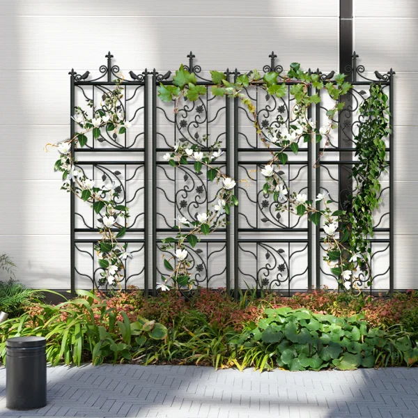 71-Inch Garden Trellis | Decorative Tall Metal Fence with Black Lattice Panel for Climbing Plants & Yard Corner Décor - Image 7