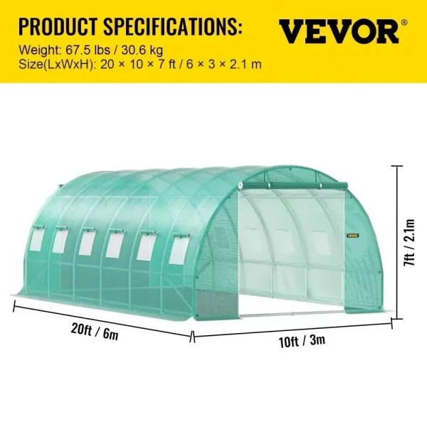 VEVOR Walk-In Tunnel Greenhouse | Galvanized Frame & Waterproof Cover – Multiple Sizes (15x7x7, 10x7x7, 20x10x7, 12x7x7) - Image 12