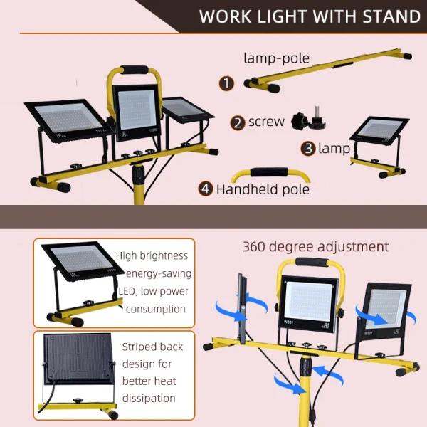 30,000 Lumen LED Work Light with Stand – 3-Head Portable Flood Light for Job Sites, Workshops & Construction Lighting - Image 6