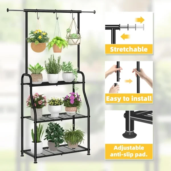 Plant Stand Indoor Outdoor, Heavy Duty Metal 3 Tiered Hanging Plant Shelf for Multiple Flower Planter Holder Tall Large Rack - Image 5