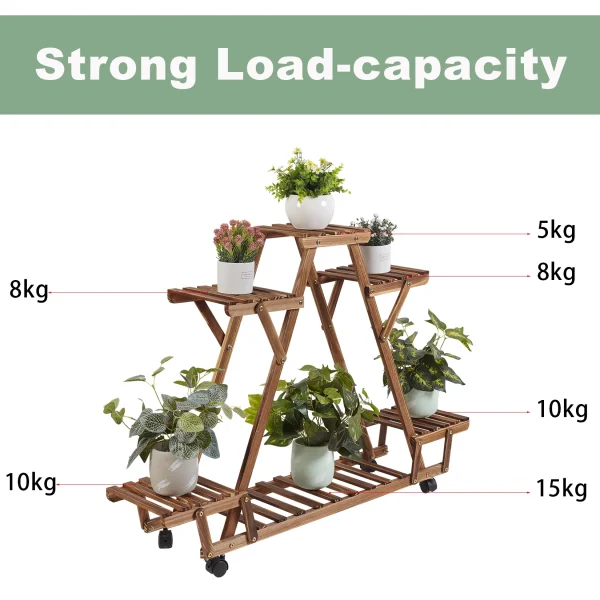 6-Tier Movable Wood Plant Stand | Triangular Shelving Rack for Indoor & Outdoor Flower Pot Storage - Image 5